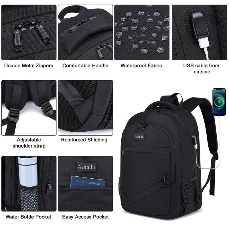Asenlin Travel Laptop Backpack for Women & Men,Water Resistant Business Slim Sturdy Laptops Backpack with USB Charging Port,Fits 15.6 Inch Notebook College School Computer Bag-Black - Image 4