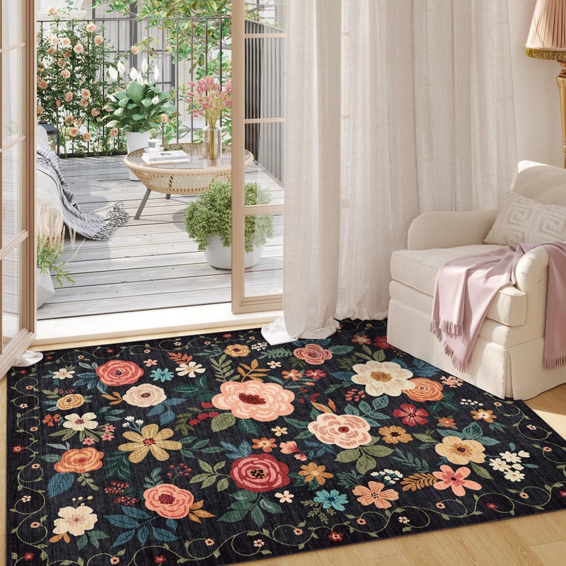 DUKINO 3x5 Area Rug, Floral Rugs for Living Room, Lightweight Non Slip Washable Rug, Indoor Low Pile & Non-Shedding Boho Design Rugs for Bedroom, Living Room, Dining Room, Black - Image 3