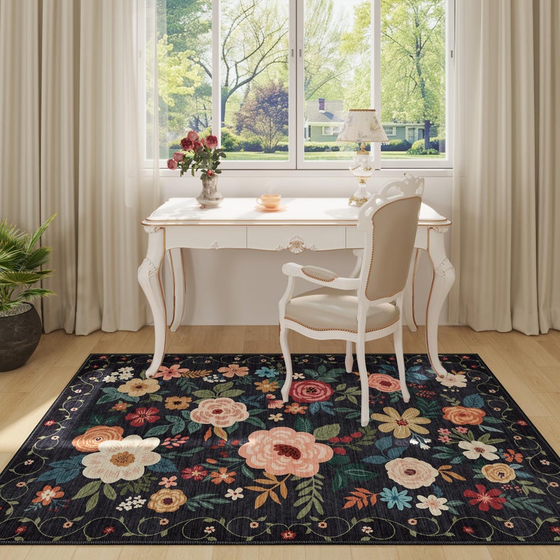 DUKINO 3x5 Area Rug, Floral Rugs for Living Room, Lightweight Non Slip Washable Rug, Indoor Low Pile & Non-Shedding Boho Design Rugs for Bedroom, Living Room, Dining Room, Black - Image 4