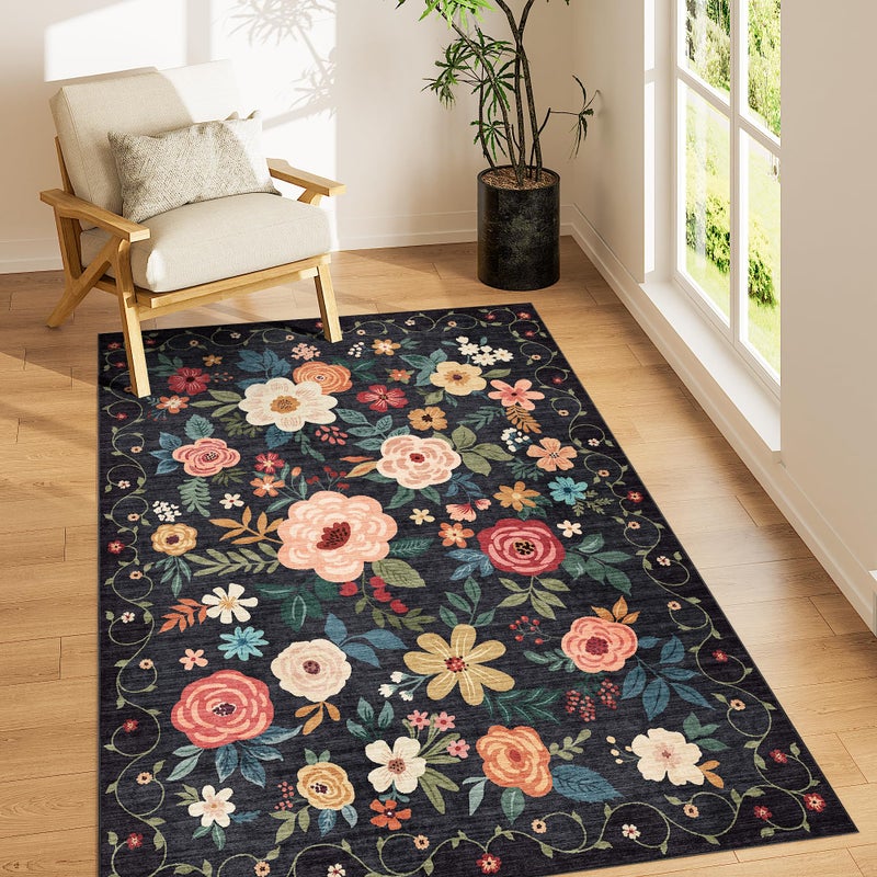 DUKINO 3x5 Area Rug, Floral Rugs for Living Room, Lightweight Non Slip Washable Rug, Indoor Low Pile & Non-Shedding Boho Design Rugs for Bedroom, Living Room, Dining Room, Black - Image 1