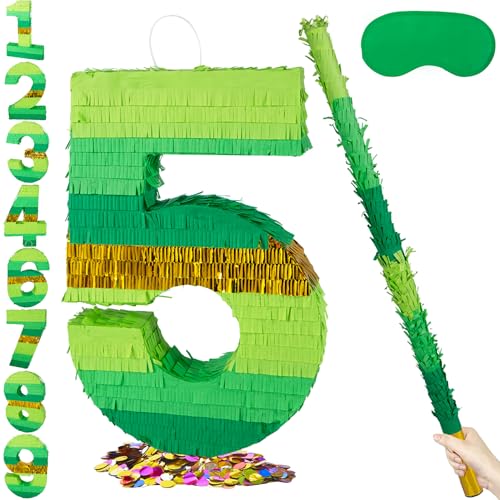 PCFING 20 Inch Number 5 Piata Green Gold with 30 Inch Piata Stick Blindfold Confetti for Boy Girl Adults Birthday Party Decorations Anniversary Celebration Fiesta - Image 1