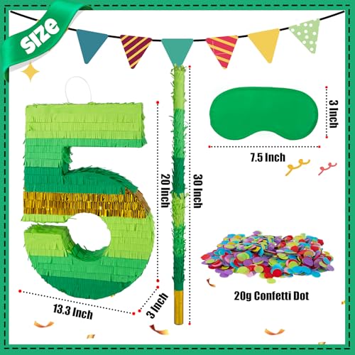 PCFING 20 Inch Number 5 Piata Green Gold with 30 Inch Piata Stick Blindfold Confetti for Boy Girl Adults Birthday Party Decorations Anniversary Celebration Fiesta - Image 5