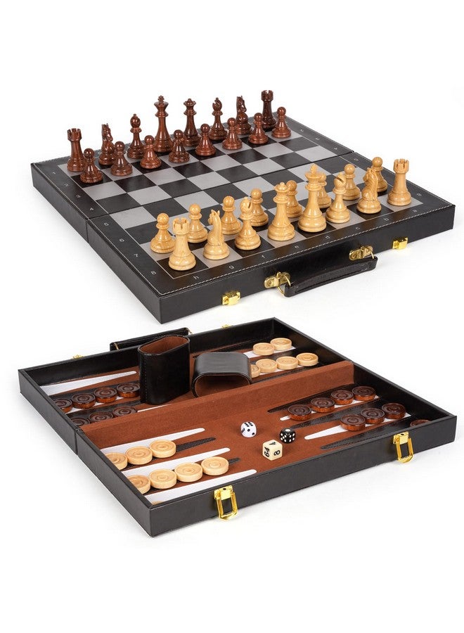 Agirlgle Chess Checkers Backgammon Set 3-In-1 Board Games Sets For Kids & Adults，15" Folding Magnetic Chess Set Leather Chess Board Strategy Game Portable Travel Chess Game With Magnetic Chess Pieces - Image 1