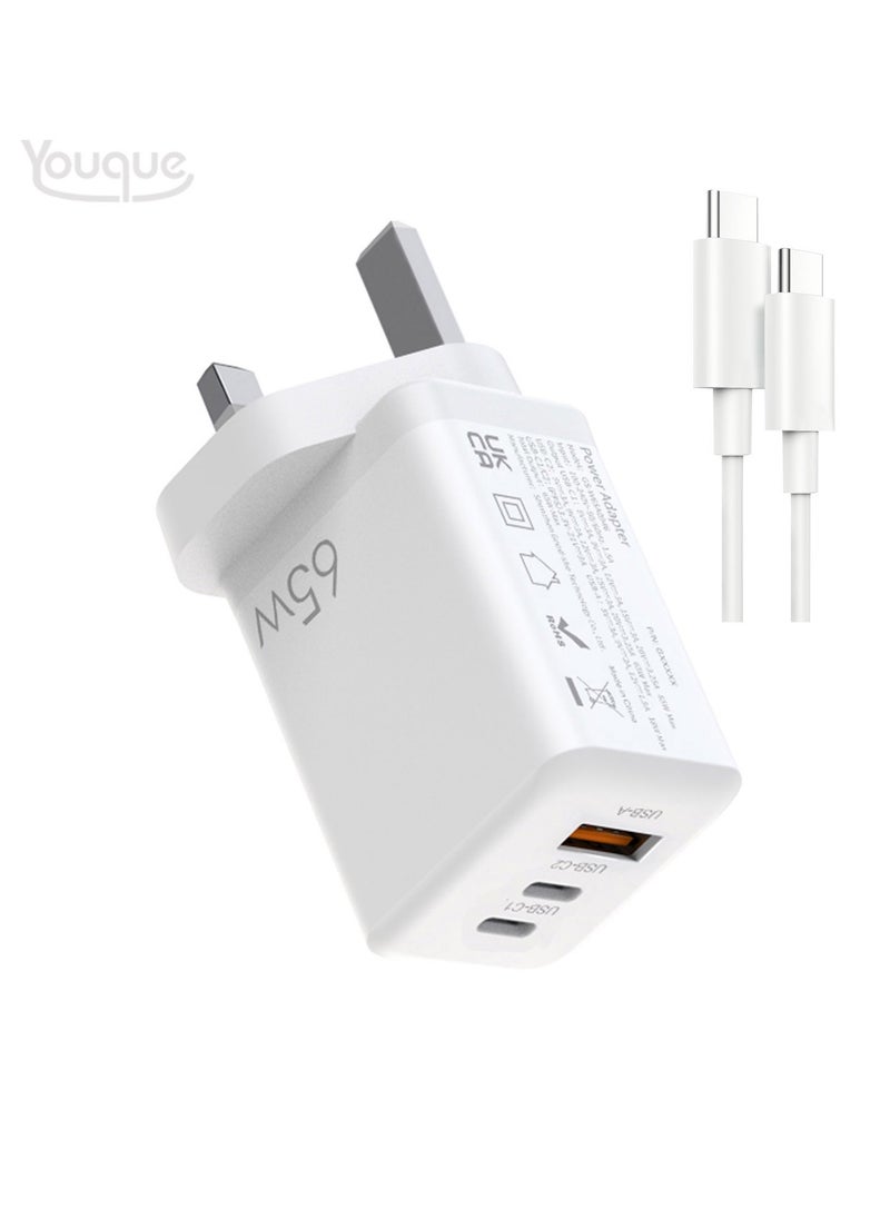 Youque - 3-Port GaN 65W Adapter, USB C to USB C, USB A to USB C Laptop/Mobile Phone/Tablet Fast Charger, Support iPhone 16 Pro Max 40W Super Fast Charging, With 100W Type-C Charging Cable For iPhone 14 Pro Max, iPhone 15 Pro Max, iPhone 16 Pro Max, HUAWEI Pura 70 Pro, Samsung S24 Ultra, and Various Devices White - Image 1
