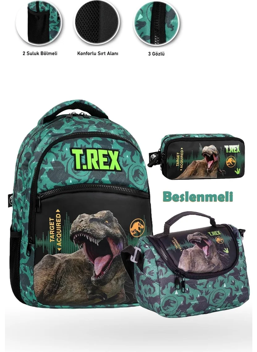 Masho Trend 3 Compartment Target Trex School Bag + Lunch Box + Pencil Case - Dino Bag Primary School Bag Boys School Bag
