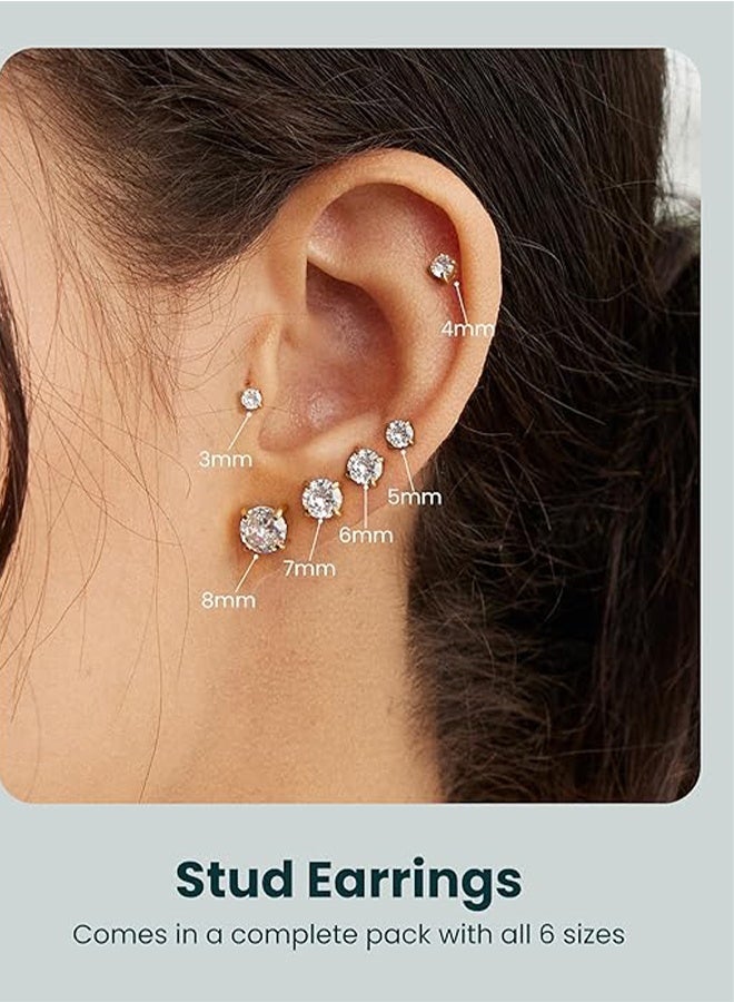 Happy D Stud Earrings 6 Pairs Hoop Earrings Set Women Girls, Stainless Steel Piercing Jewelry 6 Size AAA Zircon With Round Cake Ear Stud Earrings 4-Claw Grab Zircon Ear Bone Stud (Gold) - Image 3