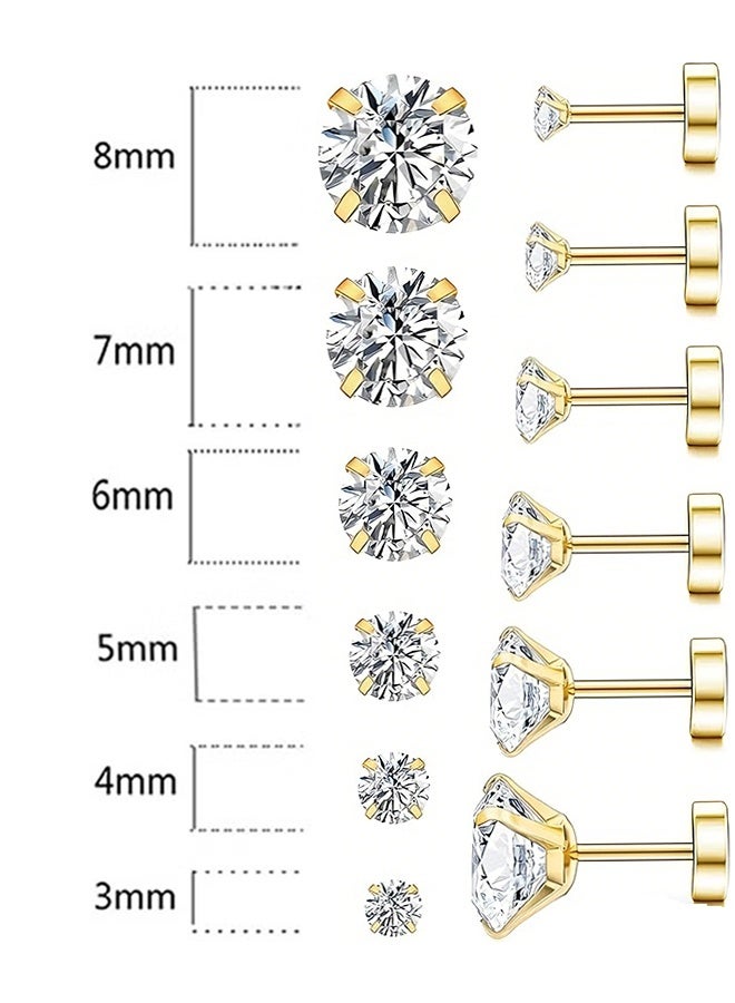 Happy D Stud Earrings 6 Pairs Hoop Earrings Set Women Girls, Stainless Steel Piercing Jewelry 6 Size AAA Zircon With Round Cake Ear Stud Earrings 4-Claw Grab Zircon Ear Bone Stud (Gold) - Image 2