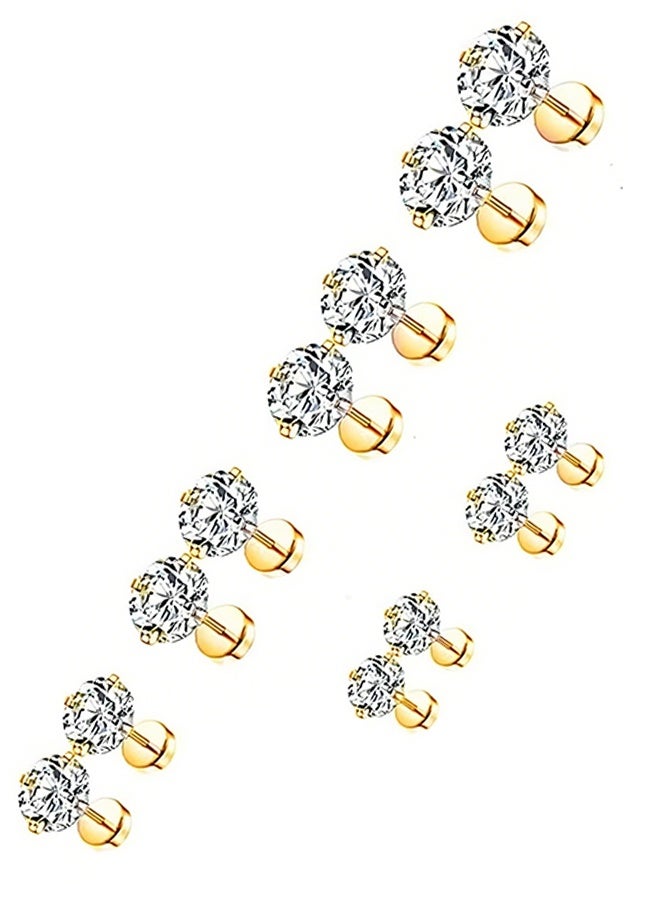 Happy D Stud Earrings 6 Pairs Hoop Earrings Set Women Girls, Stainless Steel Piercing Jewelry 6 Size AAA Zircon With Round Cake Ear Stud Earrings 4-Claw Grab Zircon Ear Bone Stud (Gold) - Image 1