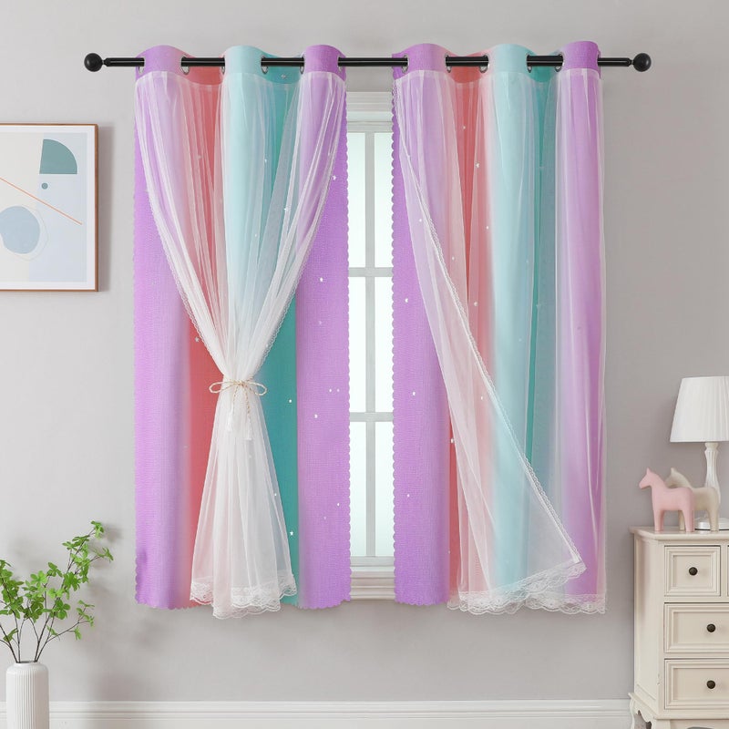 XiDi Curtains for Bedroom Kids Rainbow Pink Purple Green Curtains for Girls Room Darkening 42/63/1 - Image 1