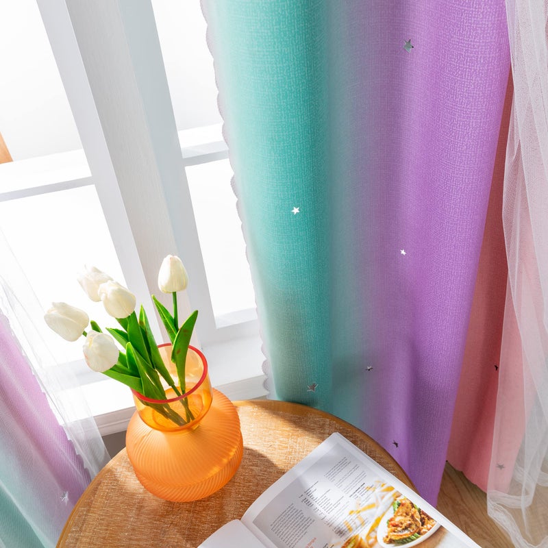 XiDi Curtains for Bedroom Kids Rainbow Pink Purple Green Curtains for Girls Room Darkening 42/63/1 - Image 3