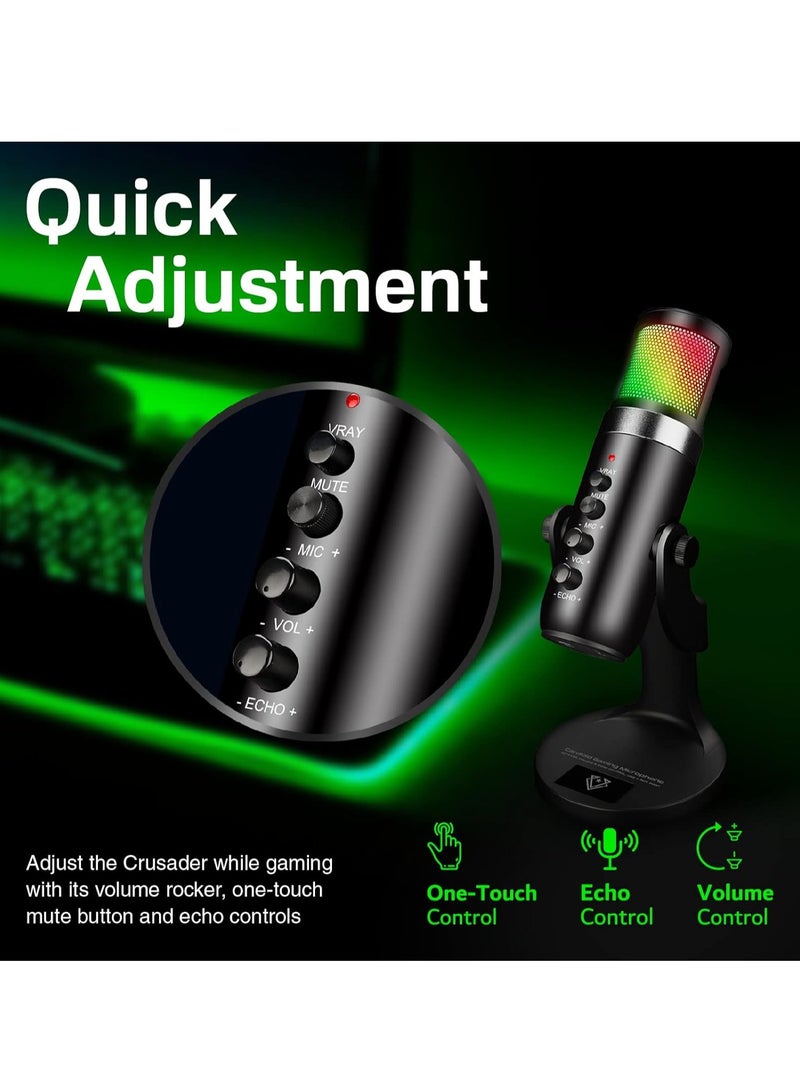 VERTUX Vertux Crusader Unidirectional Cardioid Gaming Microphone, Hyper-Sensitive, USB-C Input, 20Hz-20kHz Frequency Response, 5 Modes RGB LED, 1.8m Cable Length, Black | Crusader  - Image 3