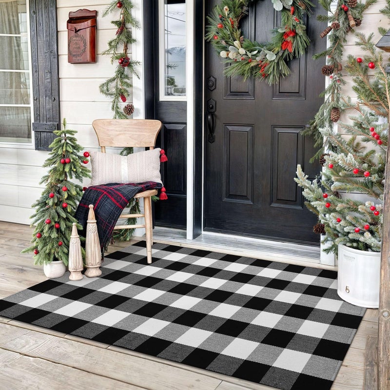 KOZYFLY Buffalo Plaid Area Rugs 3x5 Ft Black and White Checkered Rug Washable Front Door Mat Hand Woven Cotton Outdoor Rug Large Rug for Front Porch Kitchen Entryway Patio Bathroom