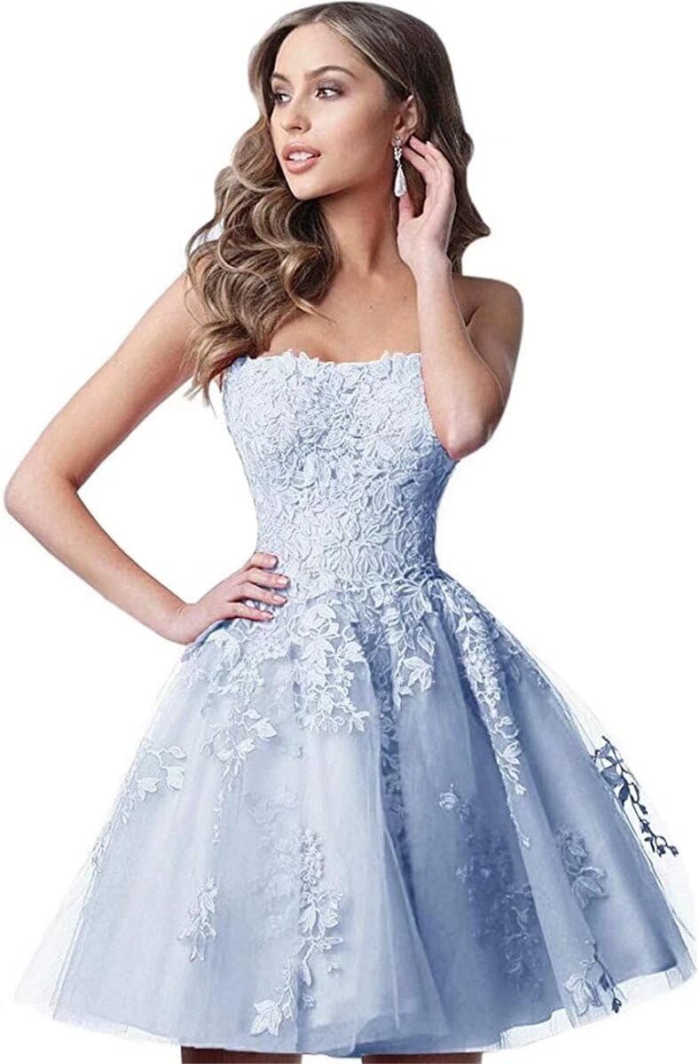 YWXYMGE Lace Homecoming Dresses Short A Line Strapless Formal Cocktail Party Gowns-Light Blue-2 - Image 1
