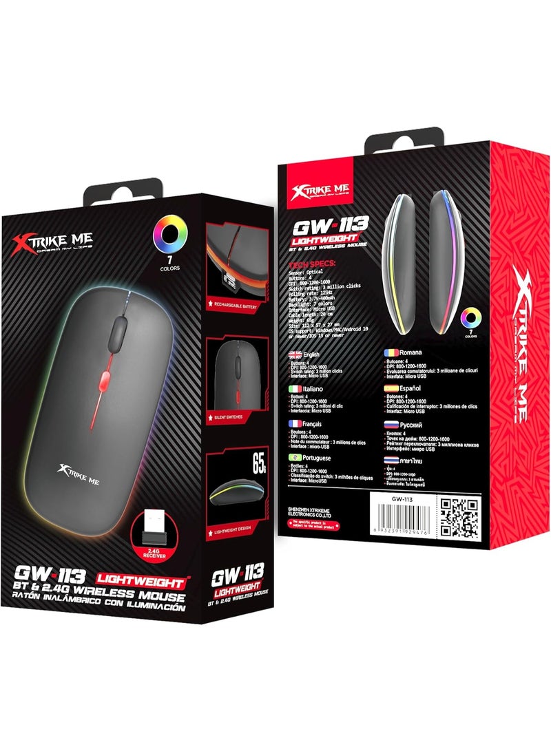 XTRIKE ME GW-113 Wireless Dual Modes Mouse, Ergonomic Design, Adjustable DPI, Silent Clicks, Rechargeable Battery, Windows/Mac/Android Compatible, Lightweight, Black - Image 2