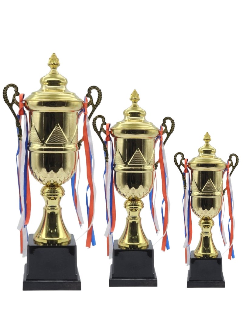 سبال مجموعة من ٣ كؤوس ذهبية معدنية من الحديد - ٥٥ سم، ٥١ سم، ٤٦ سم | جوائز مميزة للفعاليات الرياضية والبطولات ودوريات كرة القدم والتعاون الجماعي - Image 1