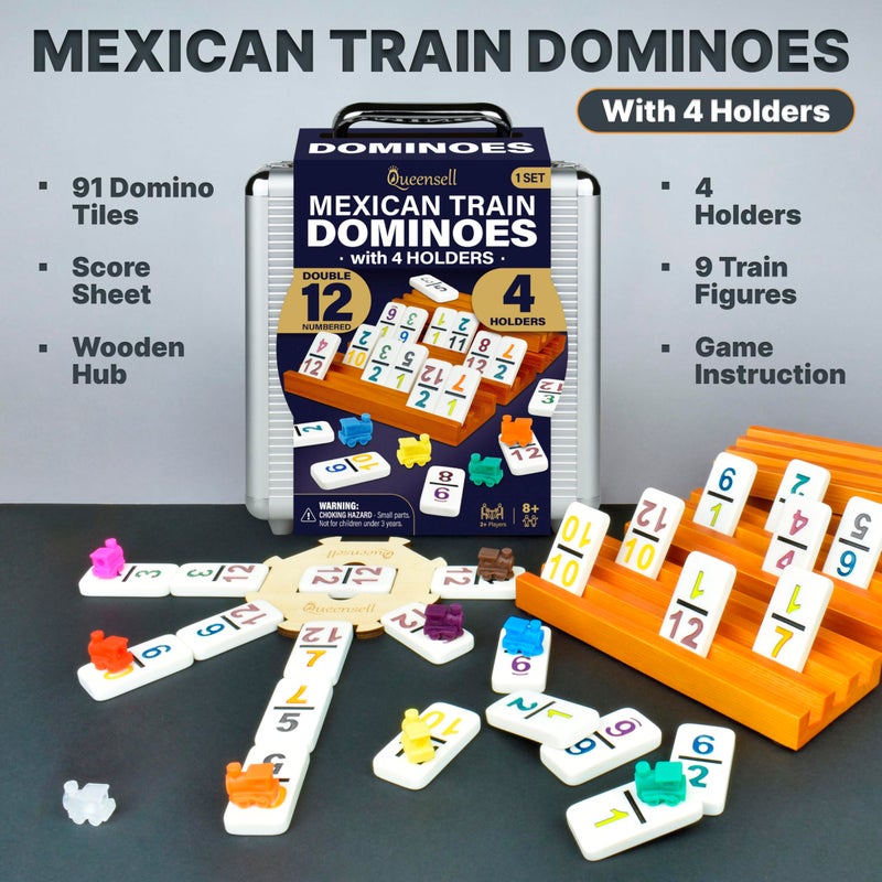 Queensell Mexican Train Dominoes Set with Numbers Double 12 Dominoes Sets for Adults Mexican Domino Train for Adults and Family  Domino Sets 91 Tiles with Aluminum Case - Image 3