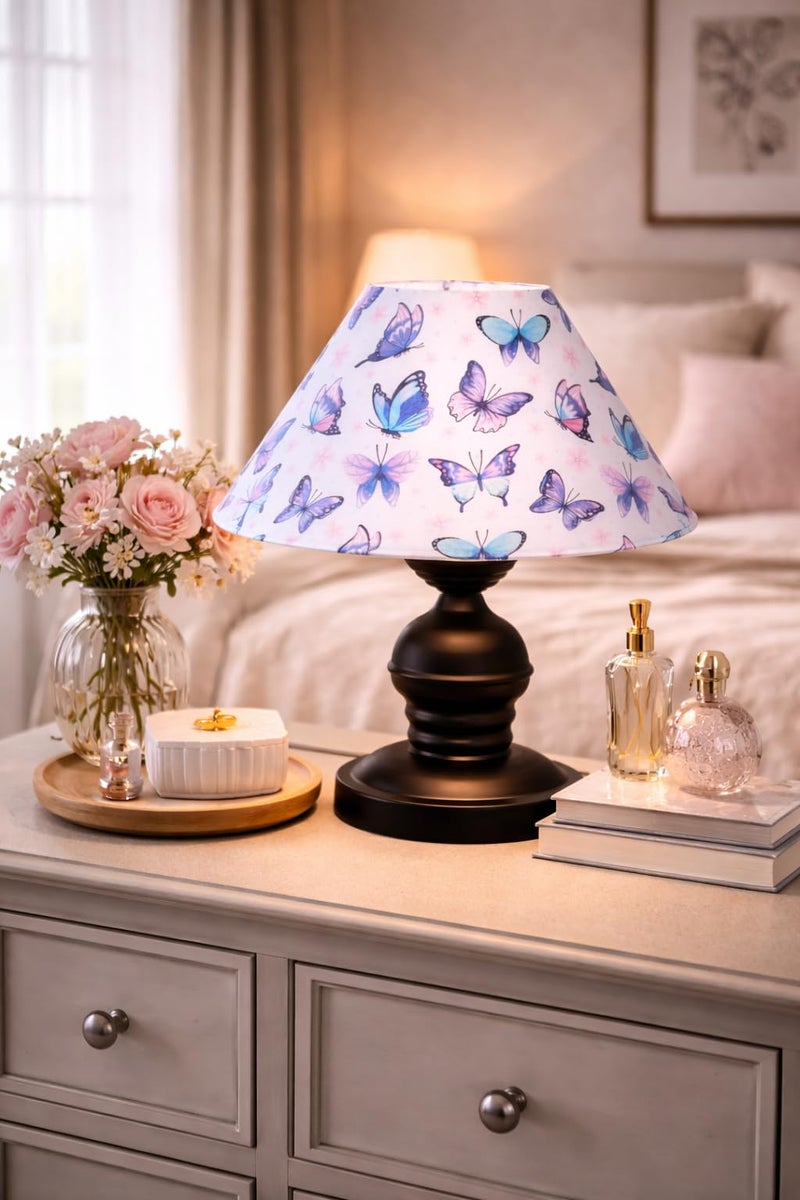 tu casa Urban Radiance Table Lamp | Black Metal Base | Butterfly Print Satin Shade | Decorative Bedside Lamp for Bedroom Living Room Office | Home Décor & Gifting - Image 1