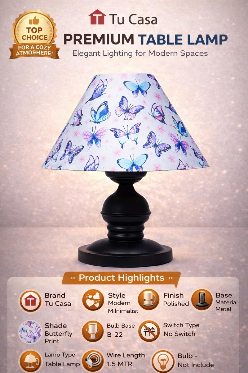 tu casa Urban Radiance Table Lamp | Black Metal Base | Butterfly Print Satin Shade | Decorative Bedside Lamp for Bedroom Living Room Office | Home Décor & Gifting - Image 3