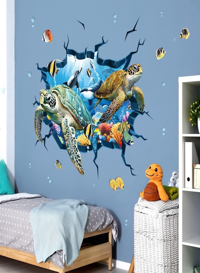 decalmile 3D Under The Sea Turtle Wall Decals Underwater Ocean Fish Broken Wall Stickers Kids Bedroom Living Room Bathroom Wall Decor - Image 3