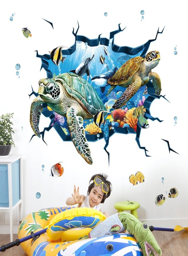 decalmile 3D Under The Sea Turtle Wall Decals Underwater Ocean Fish Broken Wall Stickers Kids Bedroom Living Room Bathroom Wall Decor - Image 1