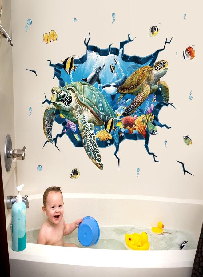 decalmile 3D Under The Sea Turtle Wall Decals Underwater Ocean Fish Broken Wall Stickers Kids Bedroom Living Room Bathroom Wall Decor - Image 2