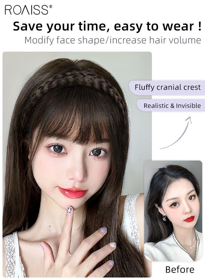roaiss 3D Hair Toppers with Braid Headband, Bangs Replacement with Clip on, Hair Pieces for Women with Thinning Hair Hair Loss Cover Gray Hair, Brown Black, 25cm/40cm - Image 2