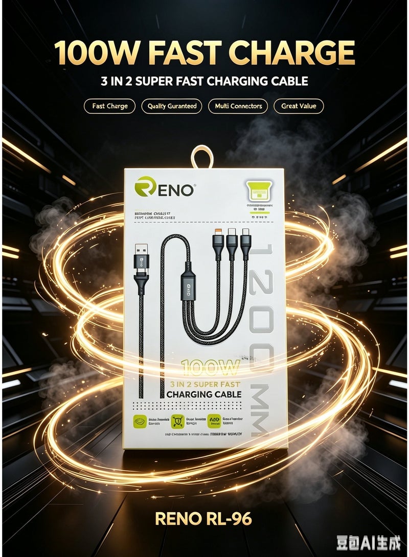 RENO 100W 3-in-2 Super Fast Charging & Sync Cable (1200mm) - RL-96 - Image 1