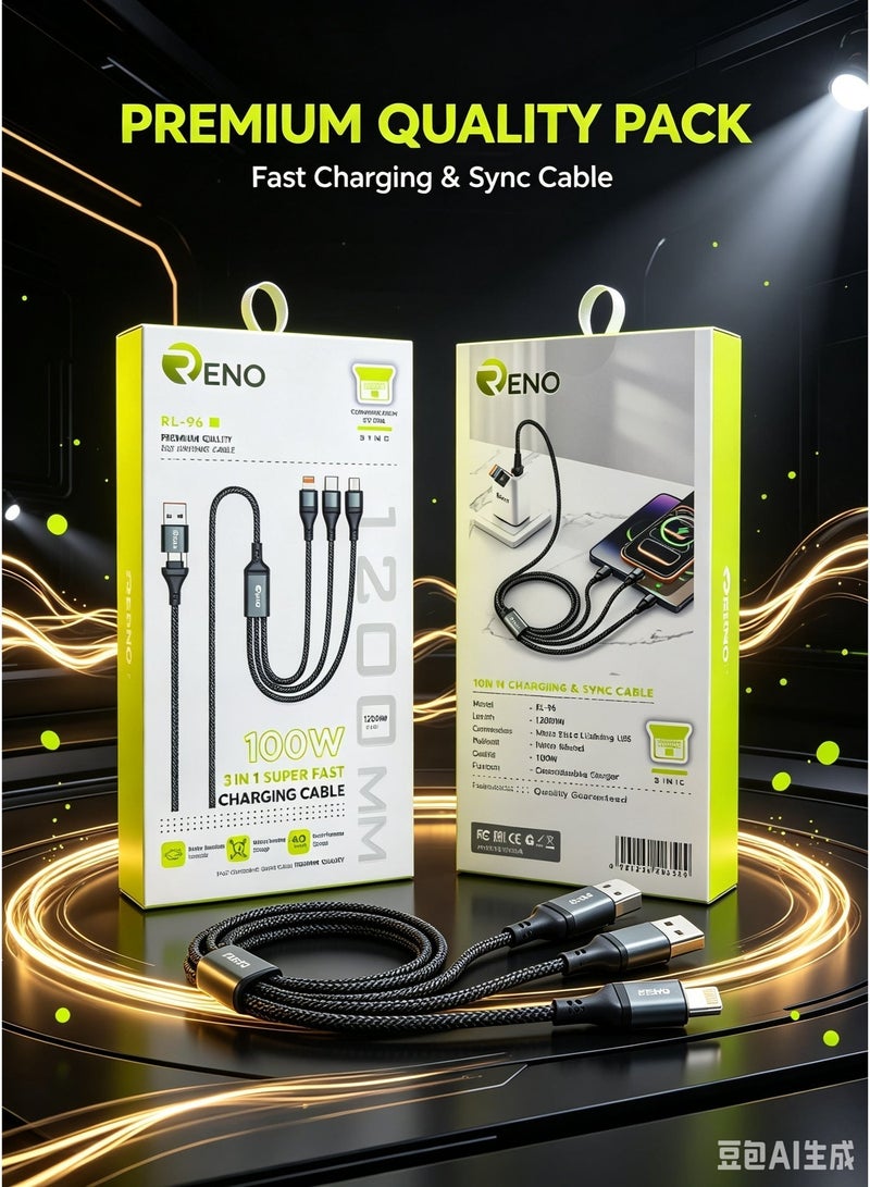 RENO 100W 3-in-2 Super Fast Charging & Sync Cable (1200mm) - RL-96 - Image 3
