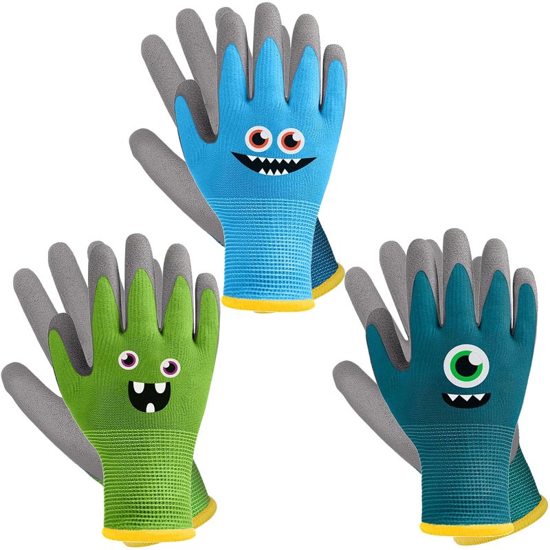 Joottuan 3 Pairs Kids Gardening Gloves Children Yard Work Gloves Breathable Rubber Coated Garden Gloves for Toddlers Girls Boys (Green, Blue, Turquoise, Small (Age 3-5)) - Image 1