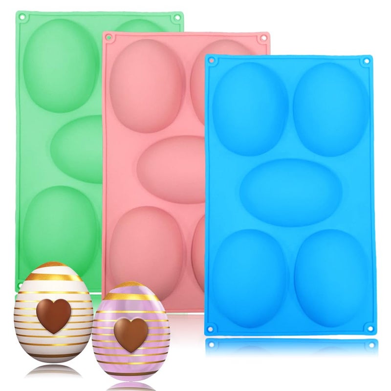 BENEKIY 3 Pack 3D Big Easter Egg Silicone Molds, 5 Cavity Egg Shape Non-stick Baking Molds Tray DIY Baking Tool Easter Egg Pan for Chocolate Cake Dessert Muffin Mousse Pastry Handmade Soap Crayons - Image 1
