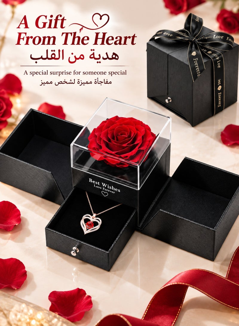 MAOGEDA Preserved Rose with Love Necklace Jewelry Gift Set, Hand-Made Rose Flower Gifts for Her on Mother's Day, Birthday, Valentine's Day, Anniversary, and (Red) - Image 1