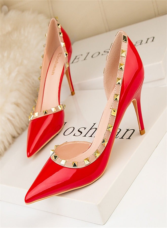 Eloshman Fashionable Rivet Shallow Cut Pointed Side Hollowed Out Women's Thin Heel High Heels Red - Image 1