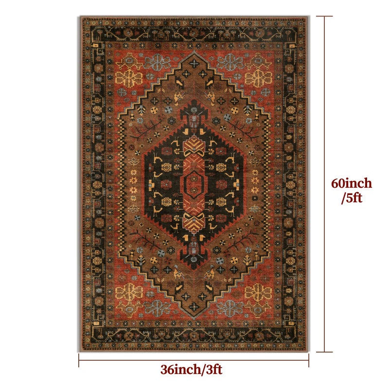 Ciicool 3x5 Area Rug, Washable Red Boho Rugs for Bedroom Non-Slip Indoor Rugs Large Low-Pile Mat Floor Carpet Vintage Rug for Kitchen Living Room Office Dinning Foyer Decor - Image 3