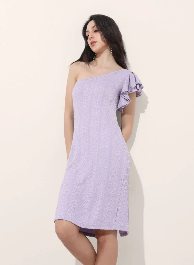 Women Regular Fit Textured Asymmetric Neck Sleeveless One Shoulder Dress