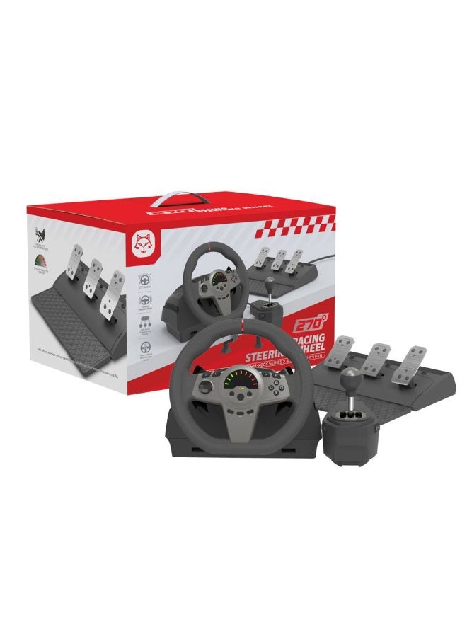 فلاشهوك عجلة قيادة للكمبيوتر، عجلة قيادة رياضية متوافقة مع أجهزة الكمبيوتر وأجهزة الألعاب (USB، زاوية دوران 270 درجة) مع دواسات ثلاثية ووحدة تحكم في تغيير السرعات، متوافقة مع أجهزة Xbox One و Xbox Series X/S و PS4 و PS3 و Switch - Image 1