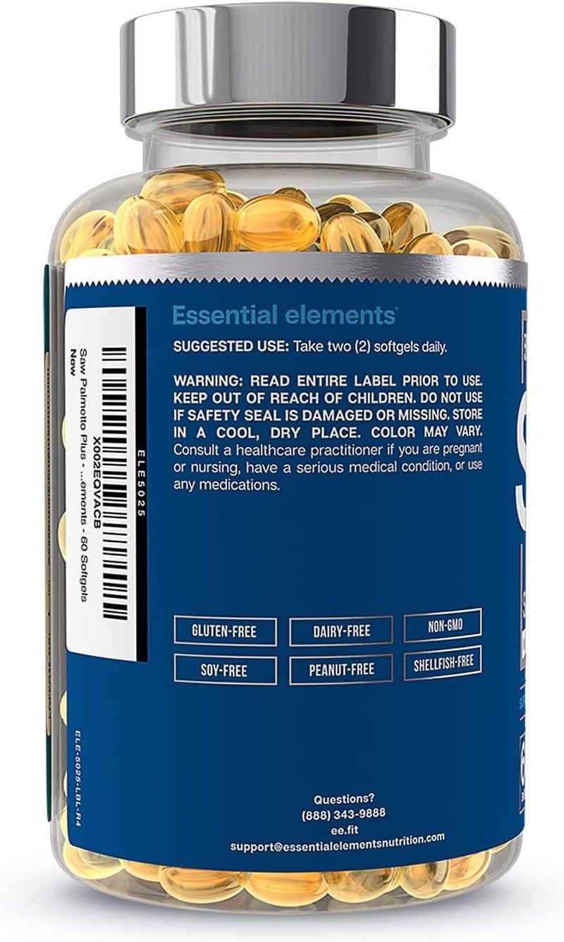 Essential Elements مكمل صحة البروستاتا للرجال من ساو بالميتو بلس مع زيت بذور اليقطين والتوت البري يدعم صحة المثانة والصحة البولية 120 كبسولة لينة - Image 3