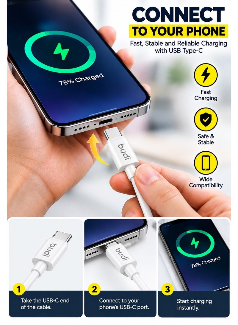 Budi DC023TT12B 65W Fast Charging Cable, 1.2M Braided Type-C Cable with Zinc Alloy Connectors, PD Fast Charge and Data Sync Charging Cable - White - Image 3