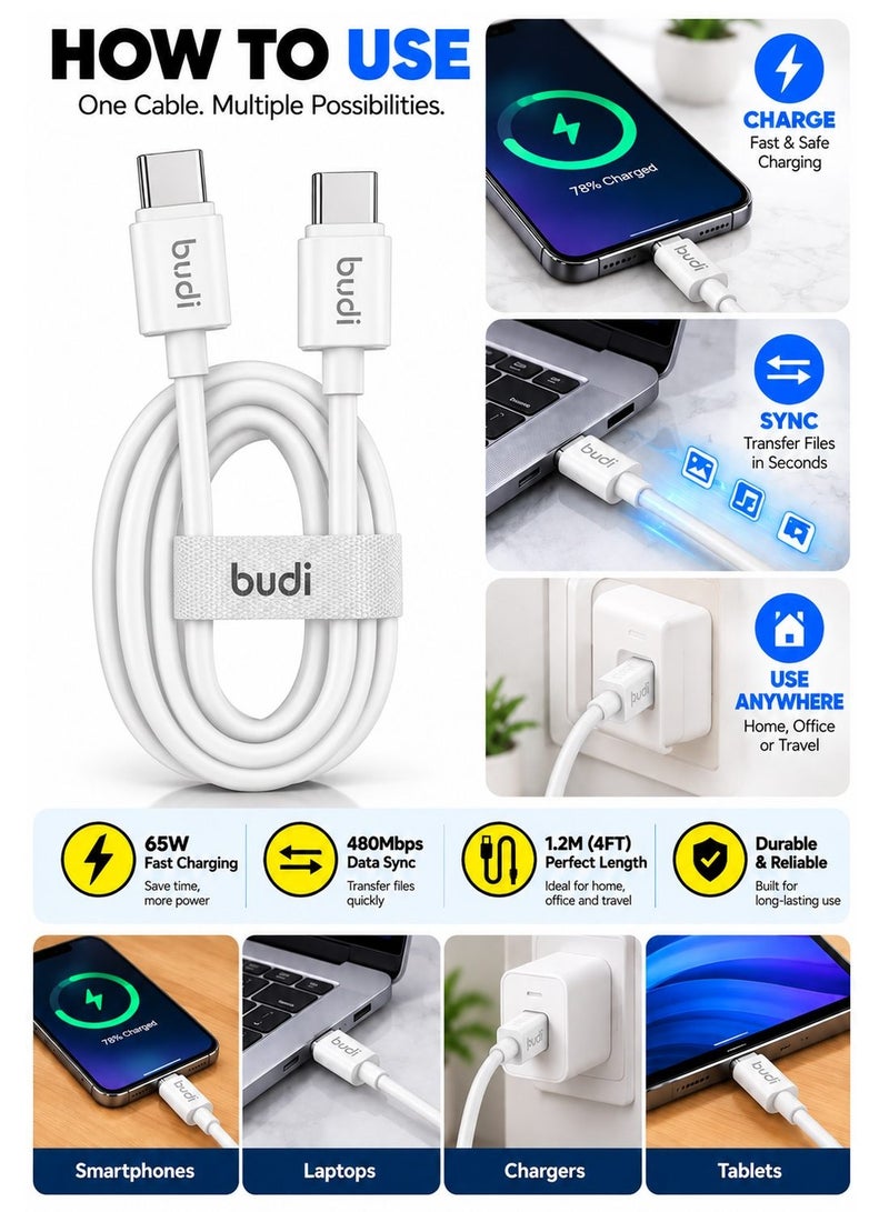 Budi DC023TT12B 65W Fast Charging Cable, 1.2M Braided Type-C Cable with Zinc Alloy Connectors, PD Fast Charge and Data Sync Charging Cable - White - Image 2