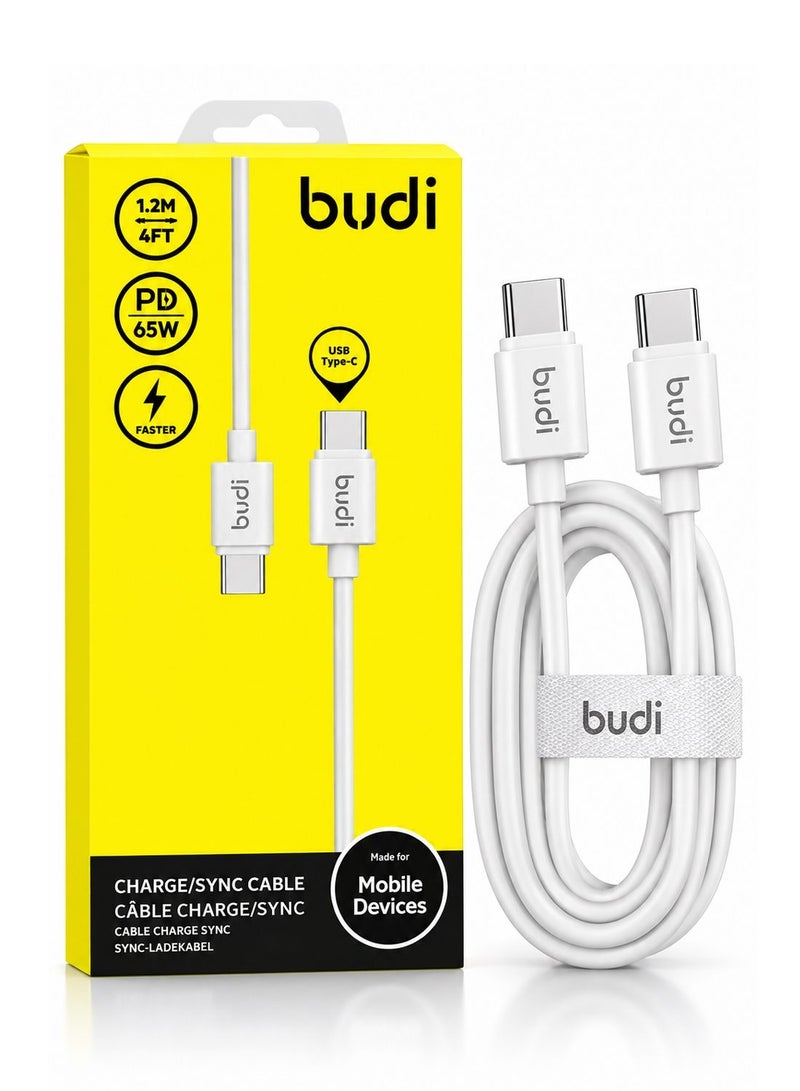 Budi DC023TT12B 65W Fast Charging Cable, 1.2M Braided Type-C Cable with Zinc Alloy Connectors, PD Fast Charge and Data Sync Charging Cable - White - Image 1