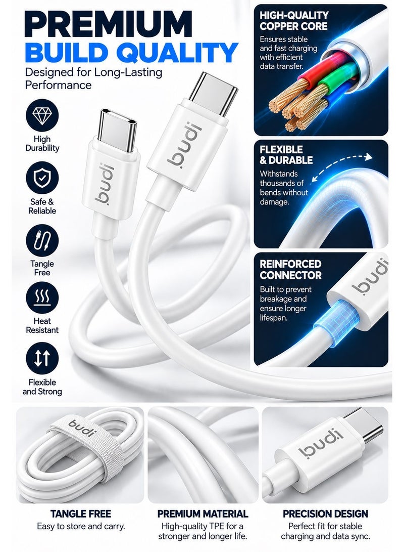 Budi DC023TT12B 65W Fast Charging Cable, 1.2M Braided Type-C Cable with Zinc Alloy Connectors, PD Fast Charge and Data Sync Charging Cable - White - Image 5