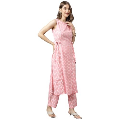 FIORRA Women's Baby Pink Cotton A-Line Kurta with Pant SET0094 - Image 4