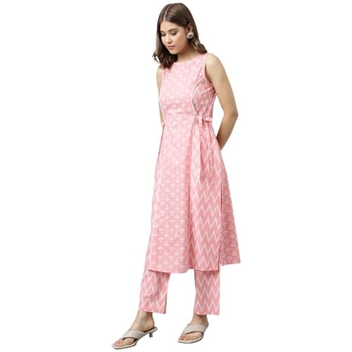 FIORRA Women's Baby Pink Cotton A-Line Kurta with Pant SET0094 - Image 3