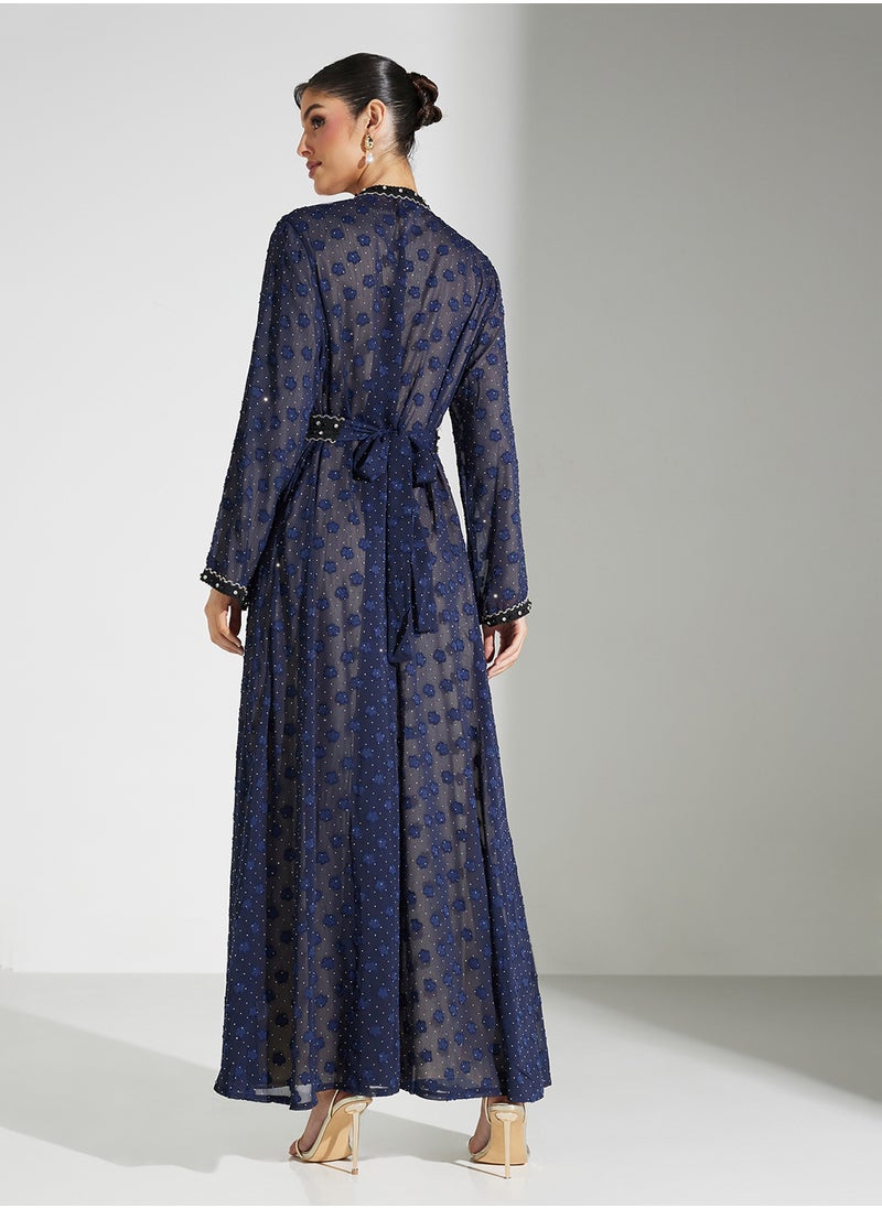 Khizana - Sheer Patterned Abaya With Sleevless Inner - Image 1