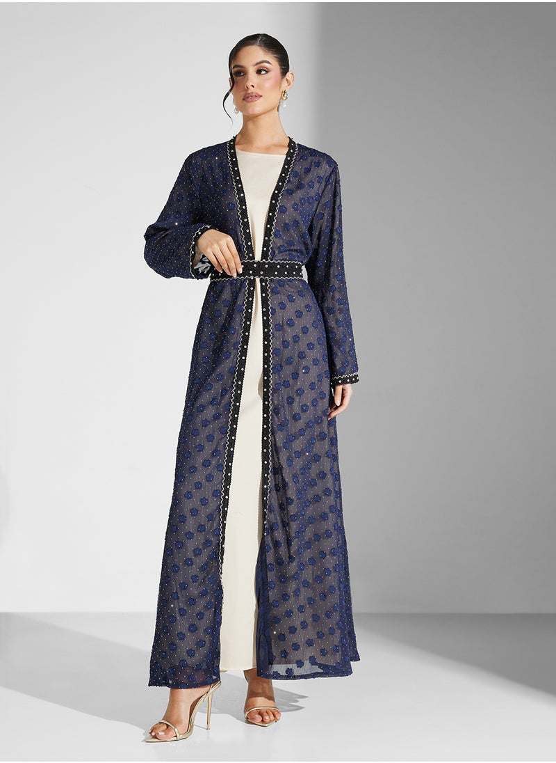 Khizana - Sheer Patterned Abaya With Sleevless Inner - Image 1