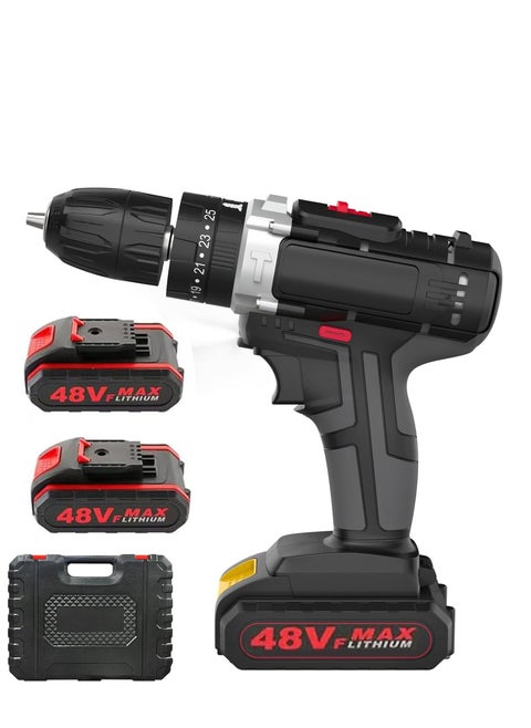 48V Cordless Drill Set, Electric Drill with 2 Batteries and Charger, Electric Screwdriver Power Drill Drivers with 2 Speed, 25 Torque Setting, Built-in LED Light,Storage Case Included