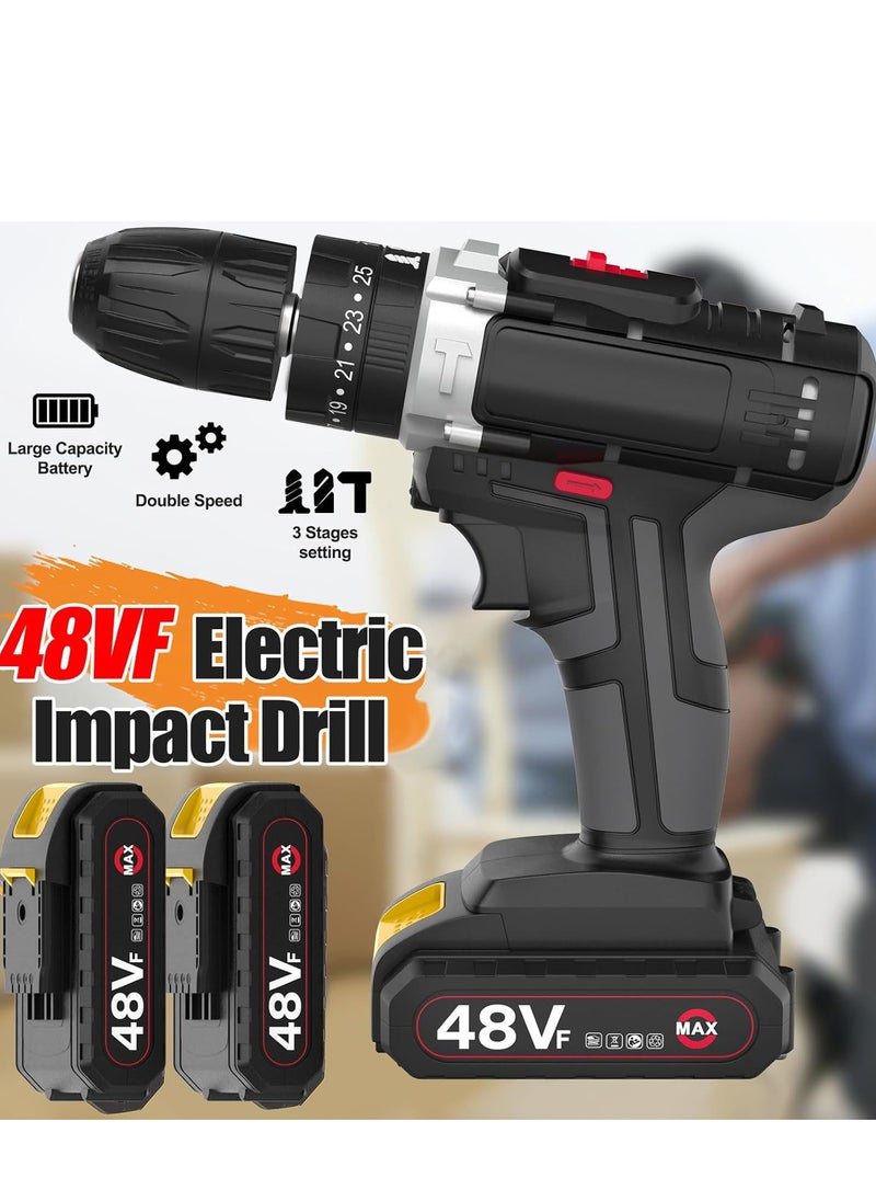 48V Cordless Drill Set, Electric Drill with 2 Batteries and Charger, Electric Screwdriver Power Drill Drivers with 2 Speed, 25 Torque Setting, Built-in LED Light,Storage Case Included