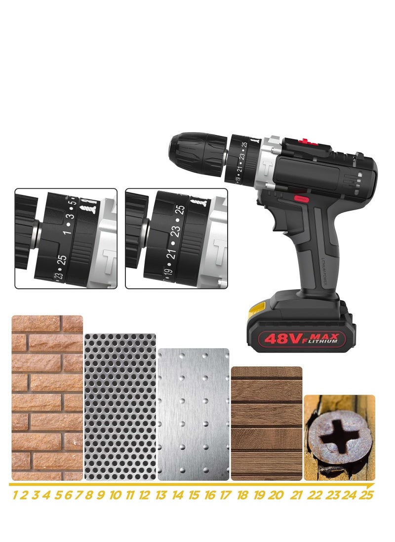 48V Cordless Drill Set, Electric Drill with 2 Batteries and Charger, Electric Screwdriver Power Drill Drivers with 2 Speed, 25 Torque Setting, Built-in LED Light,Storage Case Included