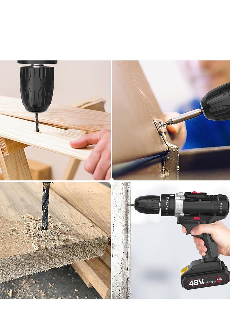 48V Cordless Drill Set, Electric Drill with 2 Batteries and Charger, Electric Screwdriver Power Drill Drivers with 2 Speed, 25 Torque Setting, Built-in LED Light,Storage Case Included