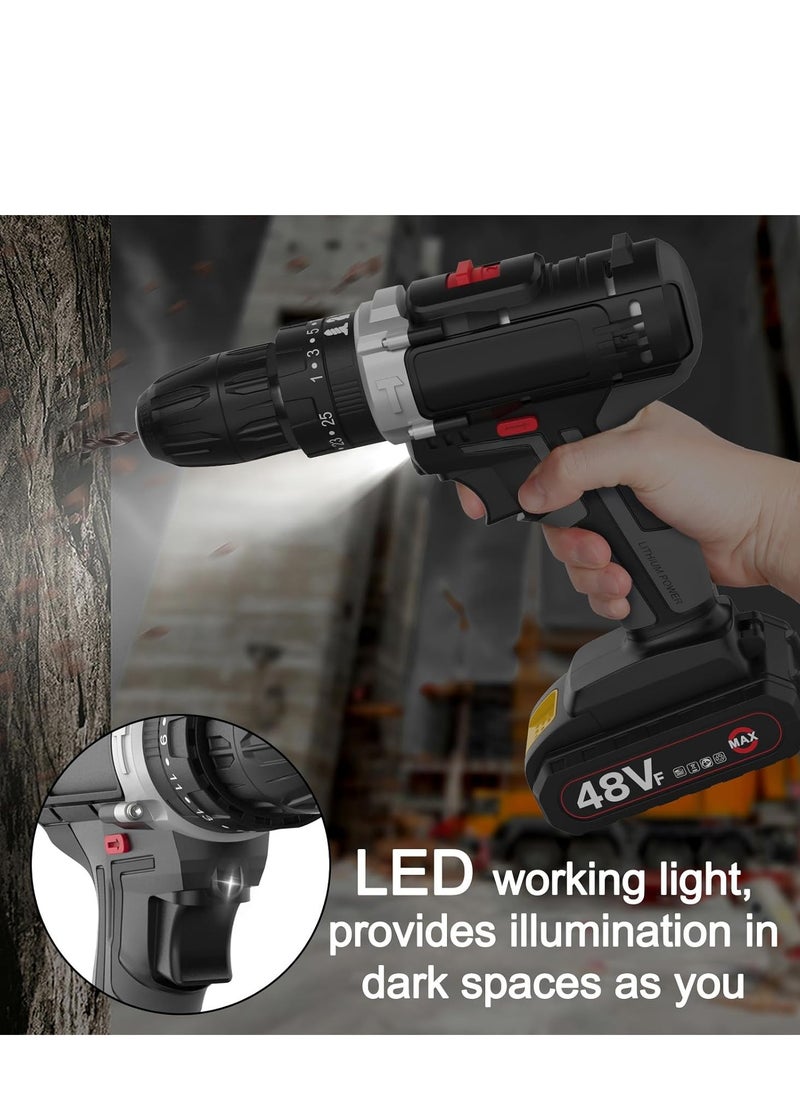 48V Cordless Drill Set, Electric Drill with 2 Batteries and Charger, Electric Screwdriver Power Drill Drivers with 2 Speed, 25 Torque Setting, Built-in LED Light,Storage Case Included