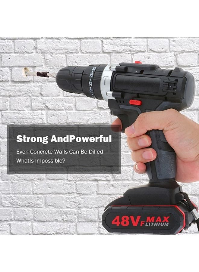 48V Cordless Drill Set, Electric Drill with 2 Batteries and Charger, Electric Screwdriver Power Drill Drivers with 2 Speed, 25 Torque Setting, Built-in LED Light,Storage Case Included